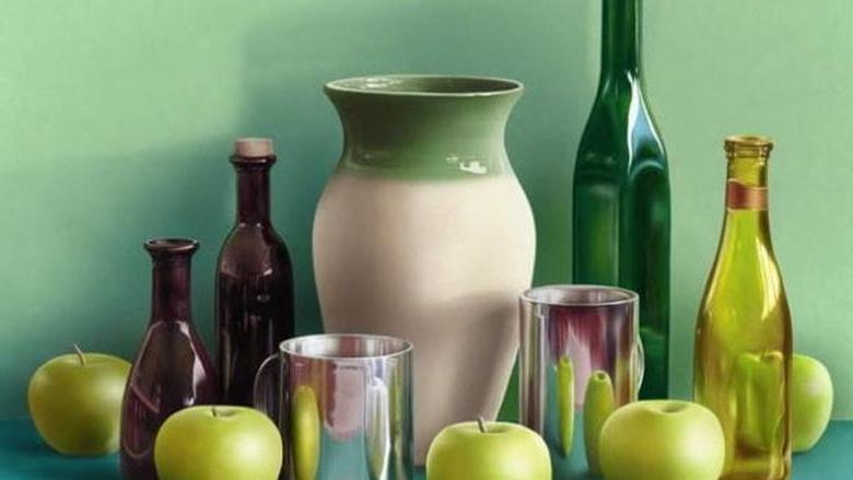 still life with apples, bottles